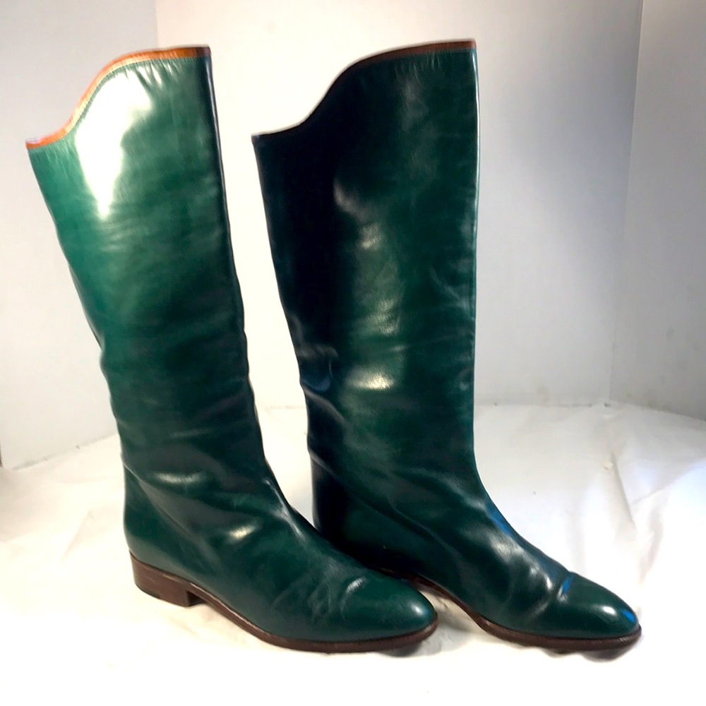 Pollini Vintage Dark Green & Tan Women's 14” Tall Luxury Leather Riding Boots